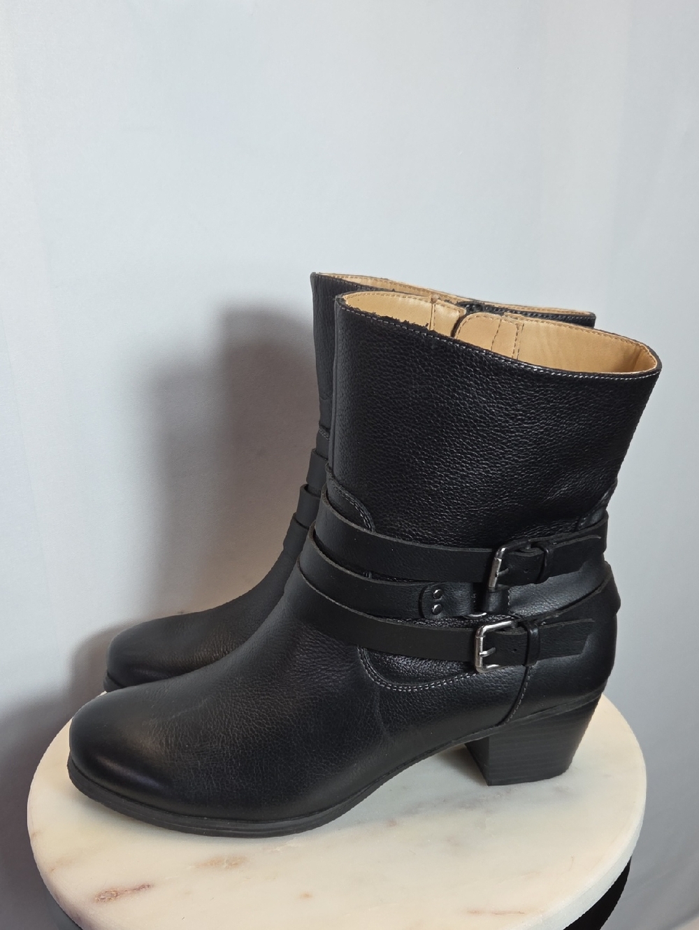 Naturalizer Black Leather Mid-Calf Buckle Heeled Boots Size 9.5W